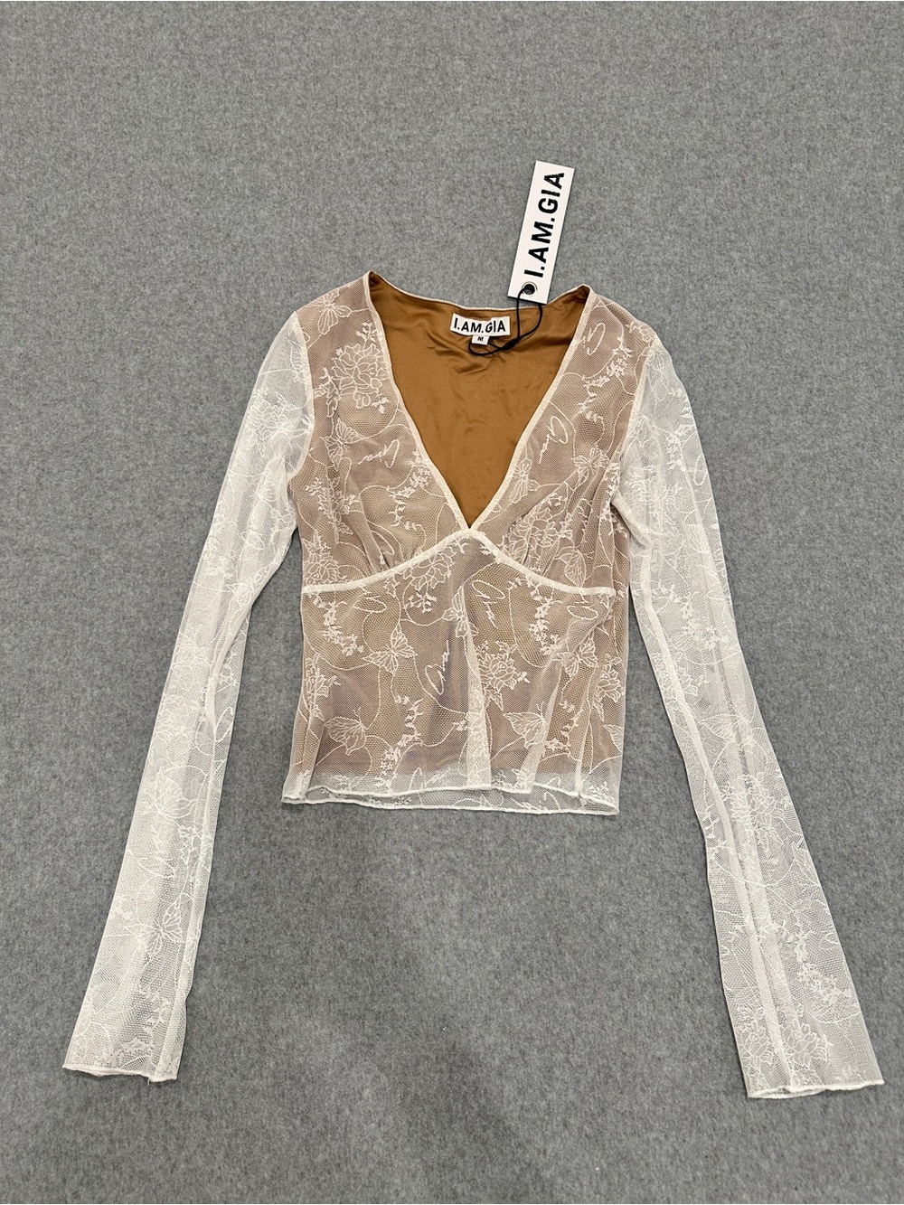 I.AM.GIA Beige Mesh Floral Lace Long Sleeve Top - Picture 1 of 8